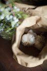 Garlic bulbs in brown paper bag with herbs and blue flowers. — Stock Photo