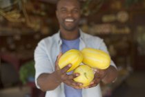 Male farmer holding freshly harvested striped squashes. — Stock Photo