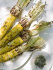 Grilled sweetcorn with leaves on table with herbs — Stock Photo