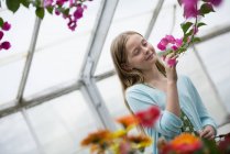 Menina pré-adolescente olhando para flores no viveiro de plantas orgânicas . — Fotografia de Stock