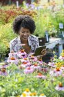 Femme utilisant une tablette numérique dans une pépinière entourée de plantes à fleurs et de feuillage vert . — Photo de stock