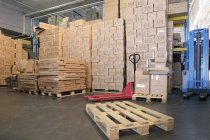 Pallets and cardboard boxes in warehouse, Moscow, Russia — Stock Photo