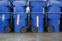 Blue recycle bins stacked in Seattle, Washington, USA — Stock Photo