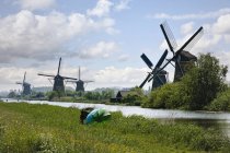 Windmills at river shore with green grass in dutch countryside, Kinderdijk, Netherlands — Stock Photo