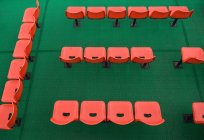 Orangefarbene Stuhlreihen auf grünem Teppich, Blick in den hohen Winkel — Stockfoto