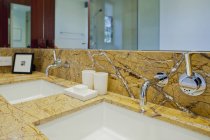 Nahaufnahme zeitgenössischer Badezimmer mit Doppelwaschbecken in Seattle, Washington, USA — Stockfoto