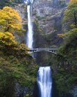 Wasserfall und Brücke in herbstlichen Bergen, USA — Stockfoto