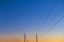 Низький кут зору ліній електропередач та полюсів на блакитне та оранжеве небо на заході сонця — стокове фото