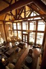 Upscale interior of large luxury wooden lodge — Stock Photo