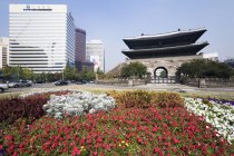 Namdaemun Gate com flores no parque de Seul, Coréia do Sul — Fotografia de Stock