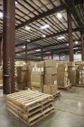 Cardboard boxes and pallets in warehouse — Stock Photo