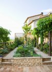 Bellissimo giardino con paesaggio duro e pareti — Foto stock