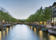Barcos em árvore canal alinhado em Amsterdã, Países Baixos — Fotografia de Stock