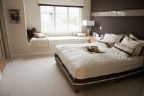 Розкішна спальня з м'яким ліжком і віконним сидінням — стокове фото