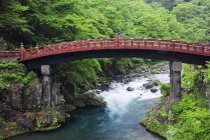Ponte asiatico che attraversa il fiume nei boschi di Nikko, Giappone — Foto stock