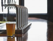 Gros plan des pintes de bière sur le comptoir vide du bar — Photo de stock