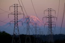 Electricity pylons near mountain landscape, Seattle, Washington, USA — Stock Photo