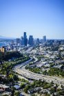Aerial view of highway and Seattle cityscape, Washington, United States — Stock Photo