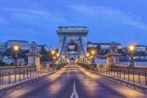 Статуї лева і підсвічені вуличні світильники вздовж Ланцюгового мосту, Будапешт, Угорщина — стокове фото
