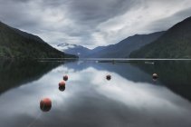 Buoys floating in still remote lake under clouds — Stock Photo