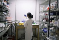 Cientista feminina examinando fluido em copo, visão traseira — Fotografia de Stock