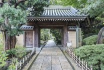 Puerta tradicional de estructura japonesa en el jardín, Kamakura, Kanagawa, Japón - foto de stock