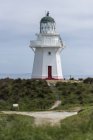 Lighthouse at grassy coastline of Waikawa Point, New Zealand — Stock Photo