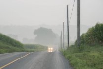 Car with lights approaching on foggy two-lane road — Stock Photo