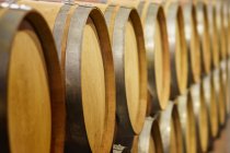 Cierre de barriles de vino en bodega - foto de stock