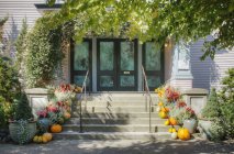 Pumpkins and potted plants on front steps of house — Stock Photo