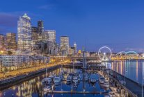 Paisaje del horizonte de la ciudad iluminado por la noche, Seattle, Washington, Estados Unidos - foto de stock