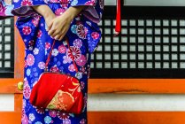 Midsection de mulher no tradicional japonês ornamentado kimono segurando bolsa — Fotografia de Stock
