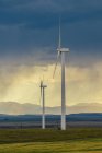 Turbinas eólicas rodando no campo ao pôr do sol — Fotografia de Stock