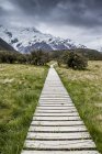 Passeggiata in legno verso la catena montuosa, Nuova Zelanda — Foto stock