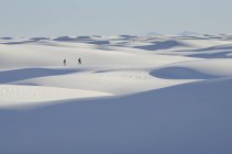 Далекі люди, що ходять по засніженій ландшафті, Національний Пам'ятник білим піском, Нью-Мексико, США — стокове фото