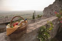 Basket of fresh fruits and wine on stone wall in village — Stock Photo