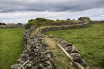 Elevated walkway stone wall in green rural field — Stock Photo