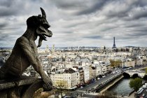 Gargoyle sculpture over Paris cityscape, Ile-de-France, France — Stock Photo