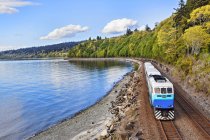 Treno pendolare su rotaie sul lungomare, Puget Sound, Washington, USA — Foto stock