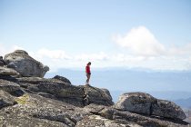 Wanderer steht auf einem Hügel in abgelegener Landschaft — Stockfoto