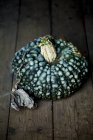Close-up of blue knobbly pumpkin on rustic wooden table. — Stock Photo