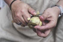 Close-up of person peeling fresh artichoke with kitchen knife. — Stock Photo