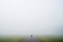 Due persone che camminano lungo la strada rurale con tempo nebbioso . — Foto stock