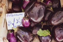 Primo piano ad alto angolo di melanzane viola fresche allo stand del mercato italiano . — Foto stock