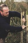 Close-up of bearded man building wooden traditional hedge. — Stock Photo