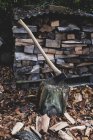 Gros plan à angle élevé de la hache sur le bloc de coupe, débris de bois éparpillés et feuilles d'automne . — Photo de stock