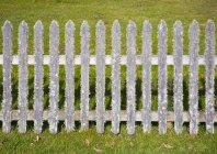 Old traditional picket fence covered in moss in countryside — Stock Photo