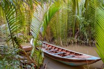 Bateau traditionnel amarré entre les palmiers dans le delta du Mékong, Vietnam . — Photo de stock