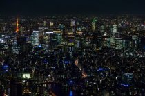 Vista aérea del horizonte iluminado de la ciudad por la noche, Tokio, Japón . - foto de stock