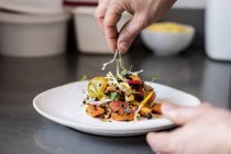 Крупним планом чоловіча кухарська рука прикрашає тарілку салату з органічними травами . — стокове фото